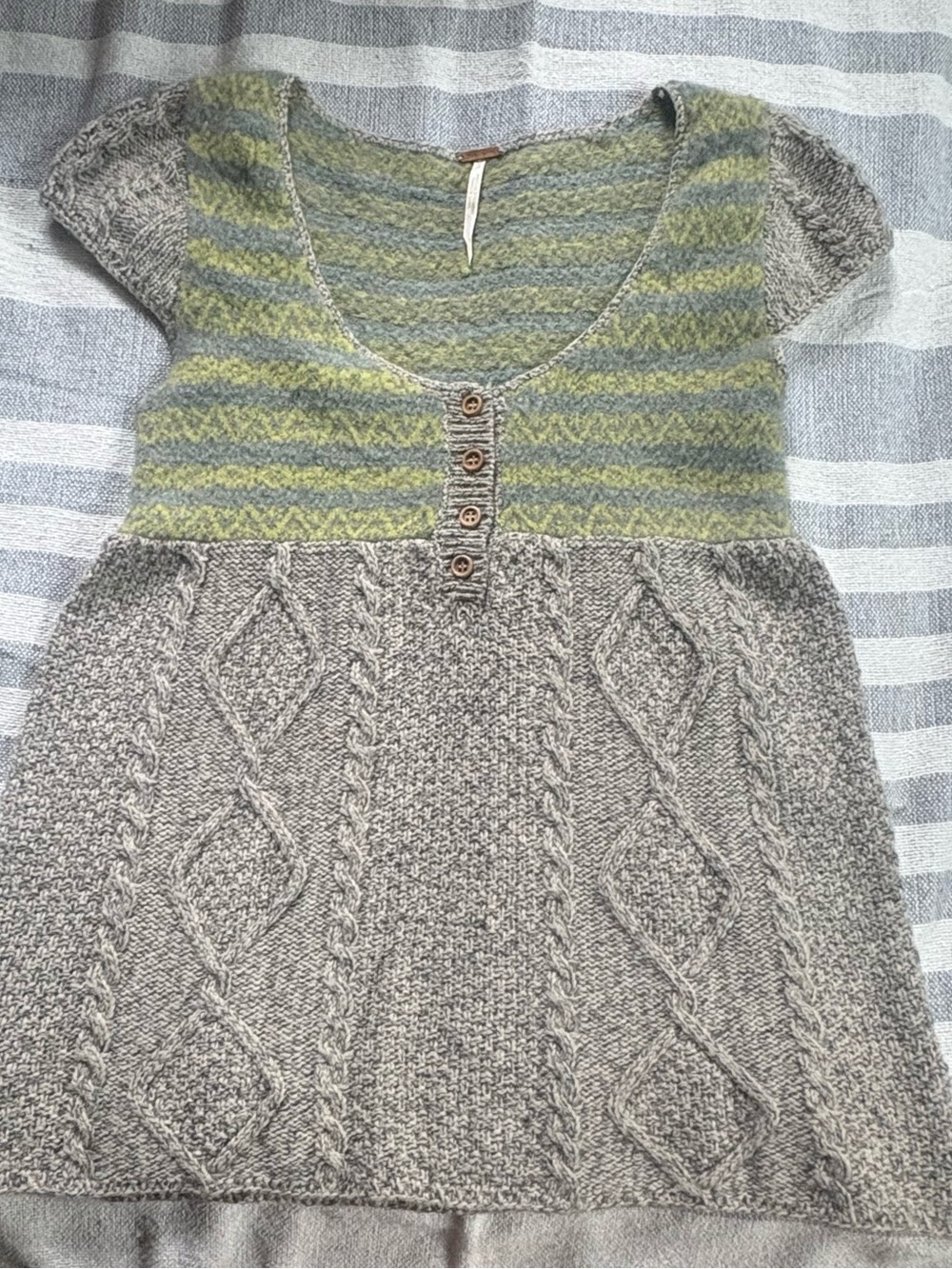 Free People Striped Scoop Neck Short Sleeve Sweater in Green and Gray